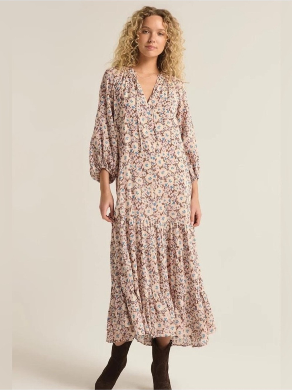 Z Supply Char La Paz Floral Midi Dress Latte Floral Tiered Medium NWT